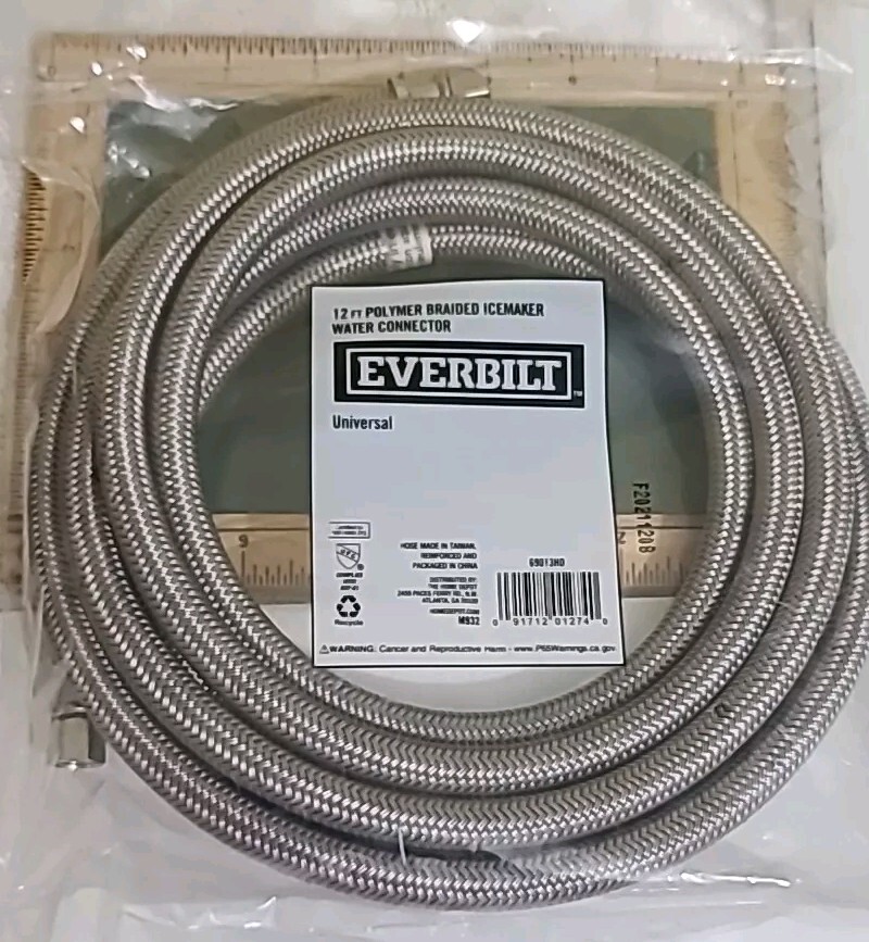 Everbilt 12ft Polymer Braided Icemaker Water Line Universal 1/4" Connector New. gallery