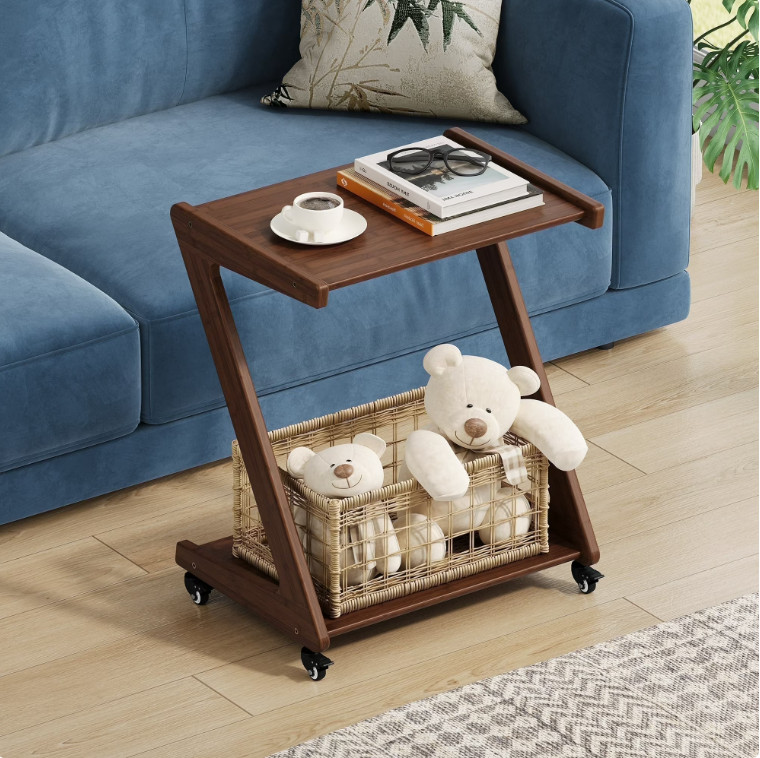 Bamboo Z-Shape End Table with Casters, 2-Tier Side Table Walnut gallery