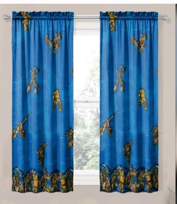 2 Teenage Mutant Ninja Turtles Blue Curtain Panels 42" X 63" Rod Pocket EUC gallery