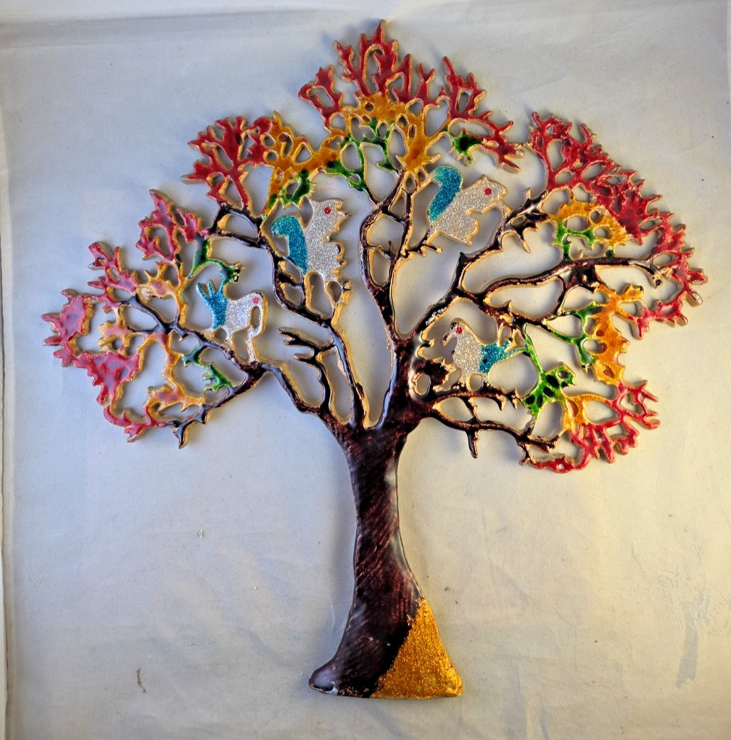 Authentic India Meenakari Enameled Metal Tree Art Woodland Squirrels Birds 16.5" gallery