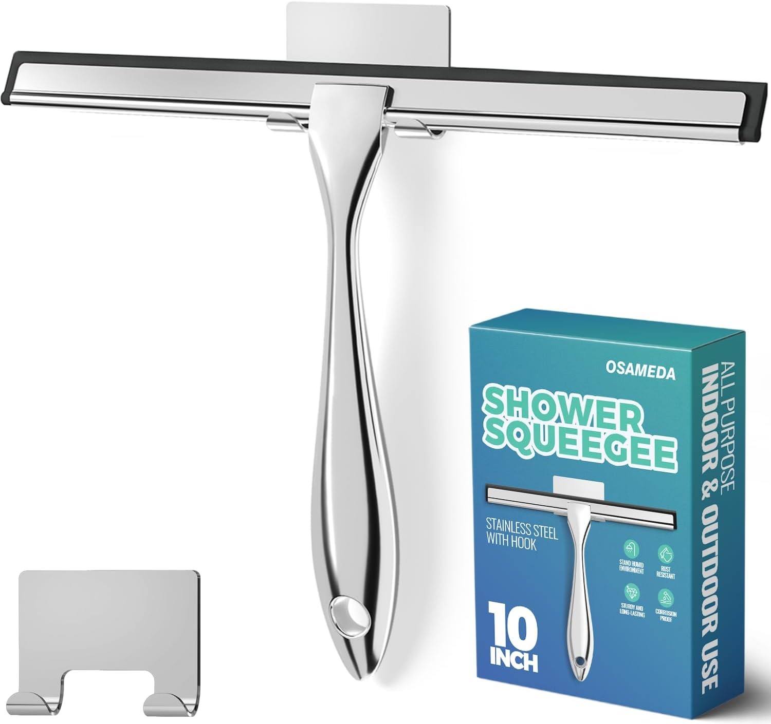 Stainless Steel Shower Squeegee 10" with Adhesive Hook – Bathroom & Glass gallery