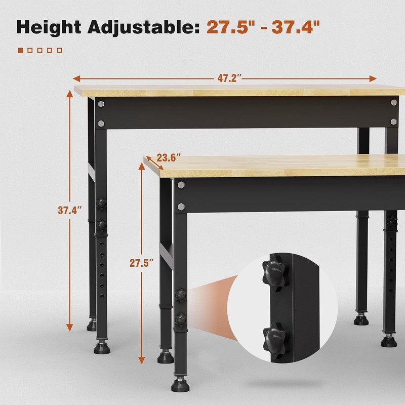 47" Height Adjustable Workbench 2000 LBS Load Capacity Workstation Desk Rubber gallery