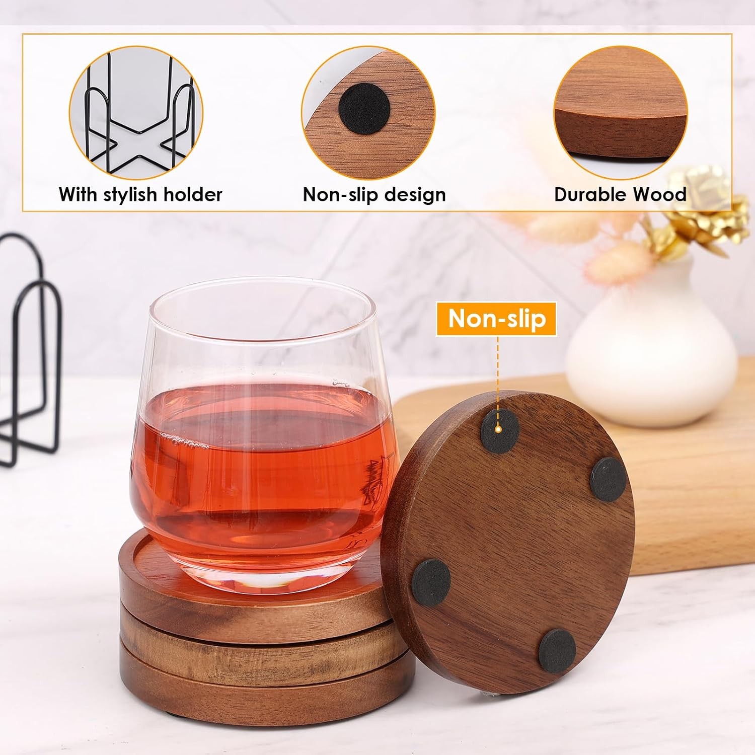 4 Pcs Wood Coasters for Drinks Absorbent, Wooden Coasters with Holder, Drink gallery