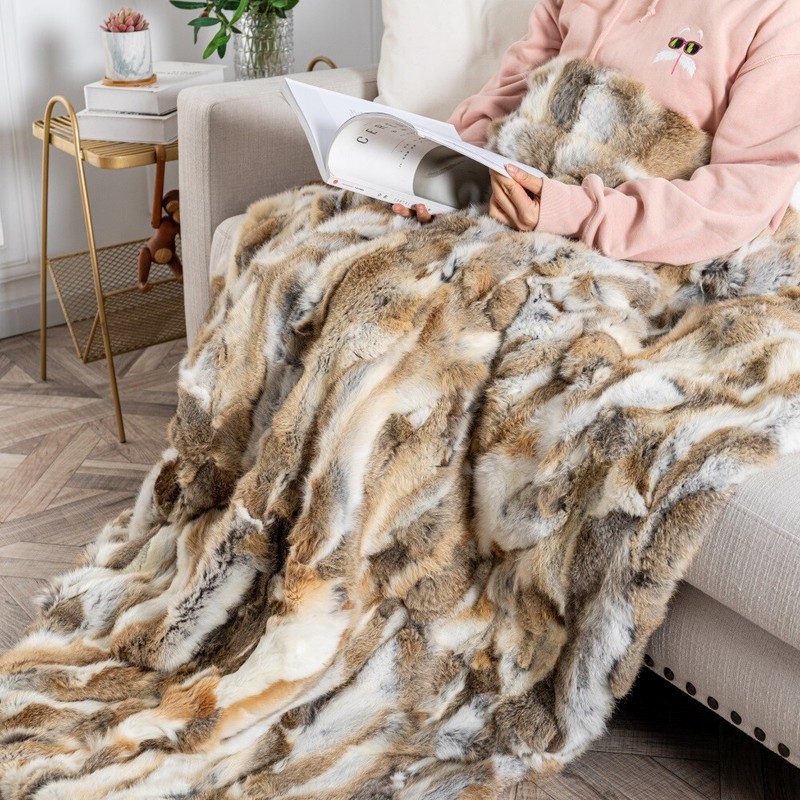 Real Fur Throw Luxury Rabbit Blanket Sofa Warm Bedspread Straw Yellow 140x160cm gallery