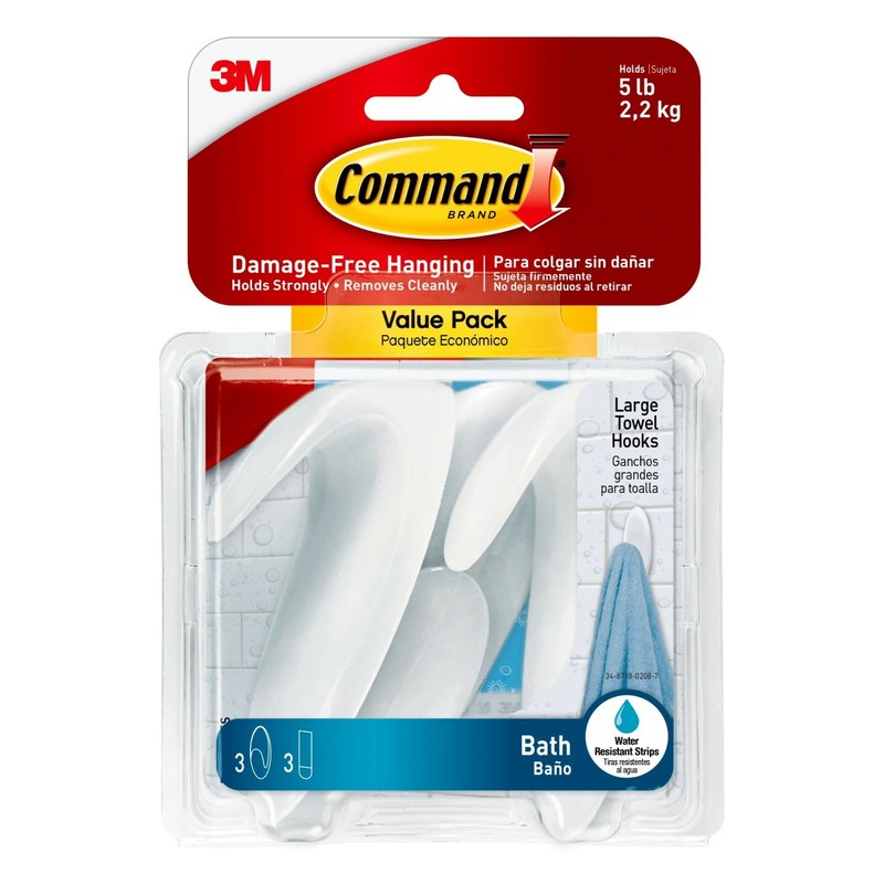 2 Pks 3M Command 3 Large Bath Towel Hooks & 3 Adhesive Strips Per Pack Max 5 lb gallery