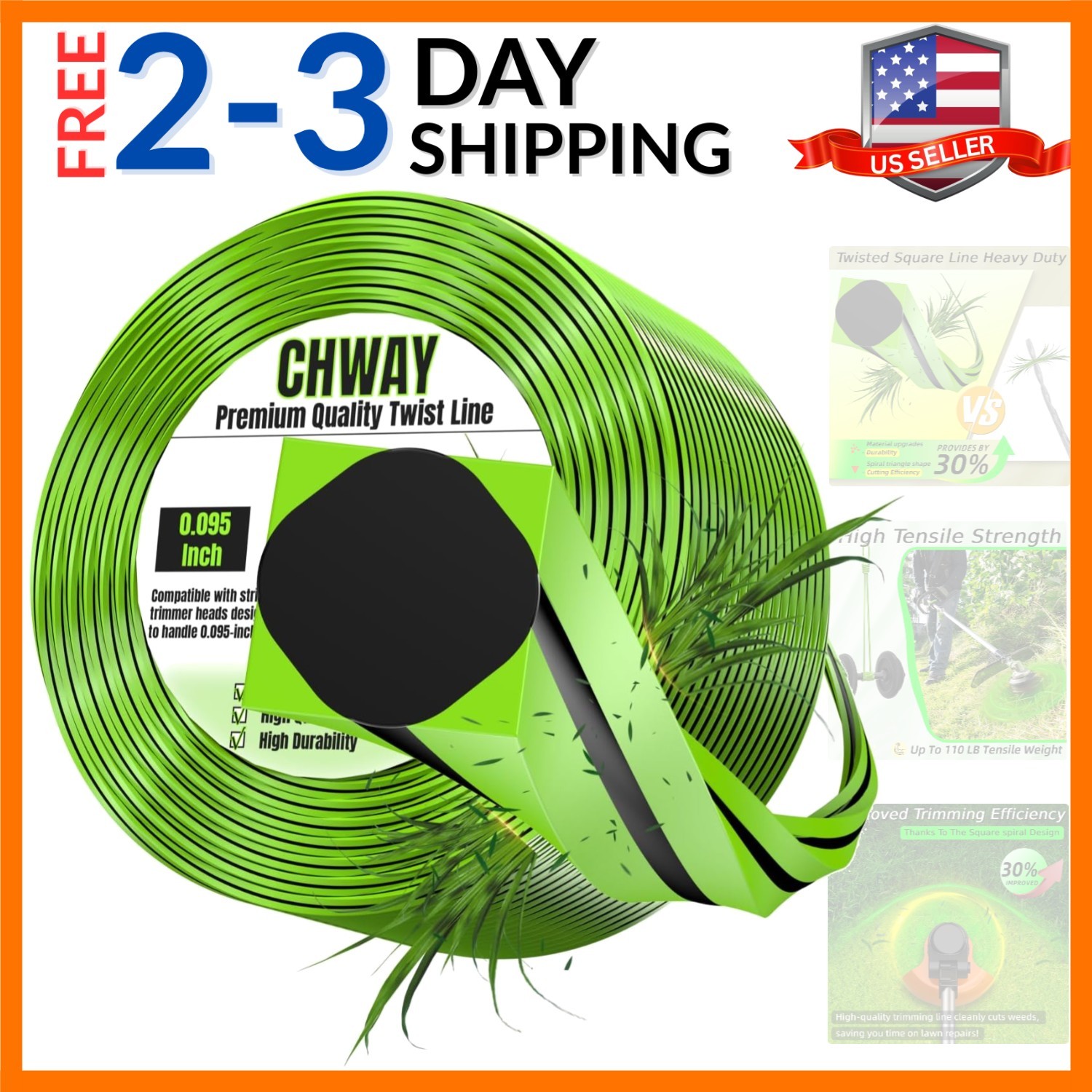 0.095'' Weed Eater String, Square-Twist Heavy Duty 095 Trimmer Line, 175ft, F... gallery