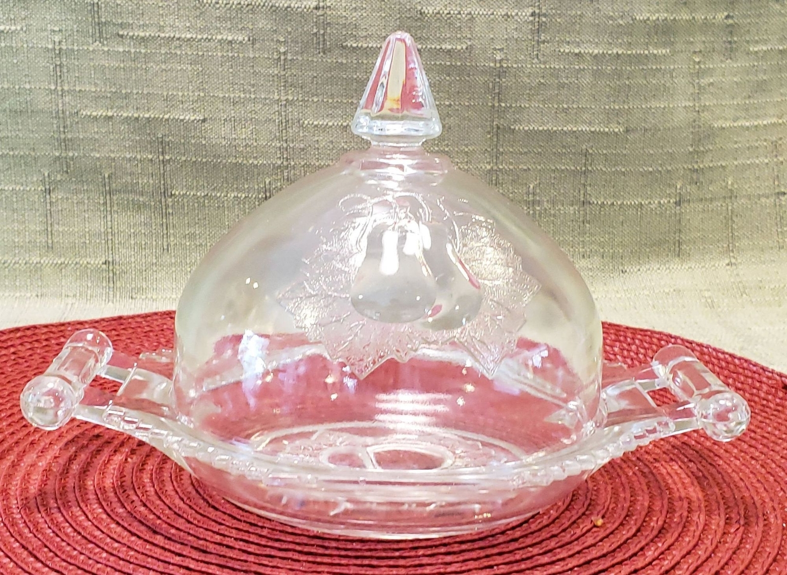 Vintage Unsigned Pressed Glass Two Piece Butter Dish, Domed Lid Cover, Handles gallery
