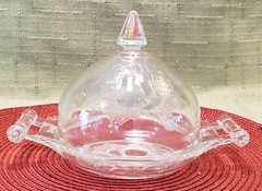 Vintage Unsigned Pressed Glass Two Piece Butter Dish, Domed Lid Cover, Handles