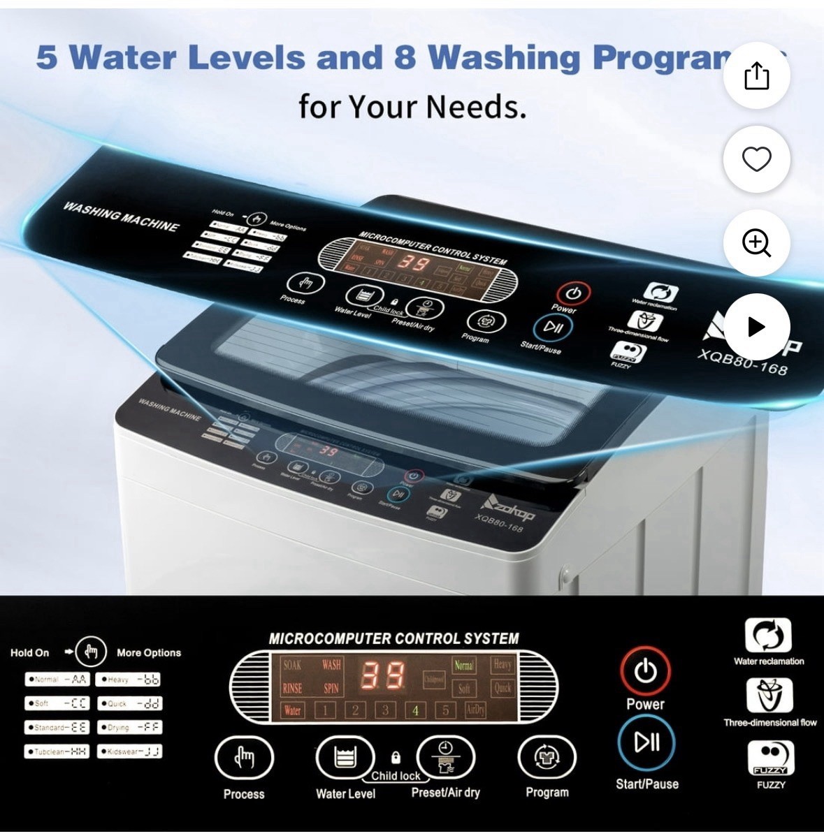 XQB80-168 Portable Top-Load Washer 30 lb Built-In Drain Pump Child Lock White gallery