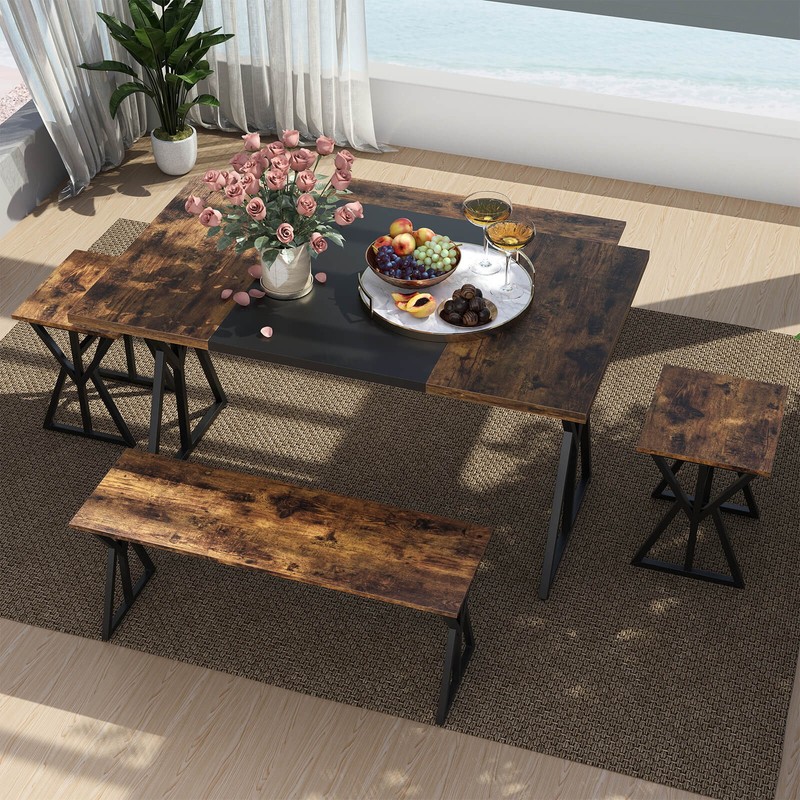 5-Piece Dining Room Set with 2 Benches & 2 Stools, Metal Frame for Small Room gallery