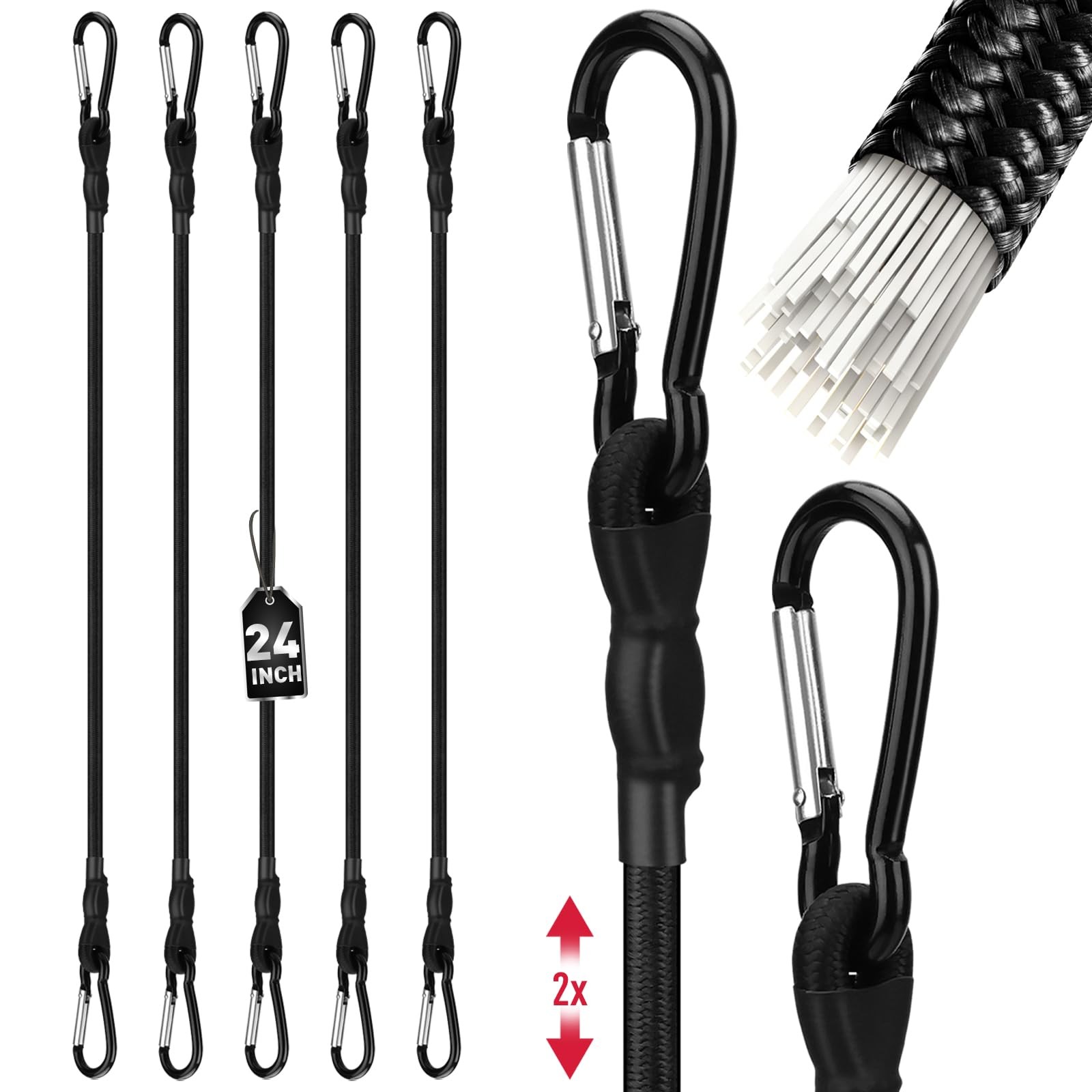 5 Piece 24 Inch Heavy Duty Bungee Cords with Carabiner Hooks Black gallery