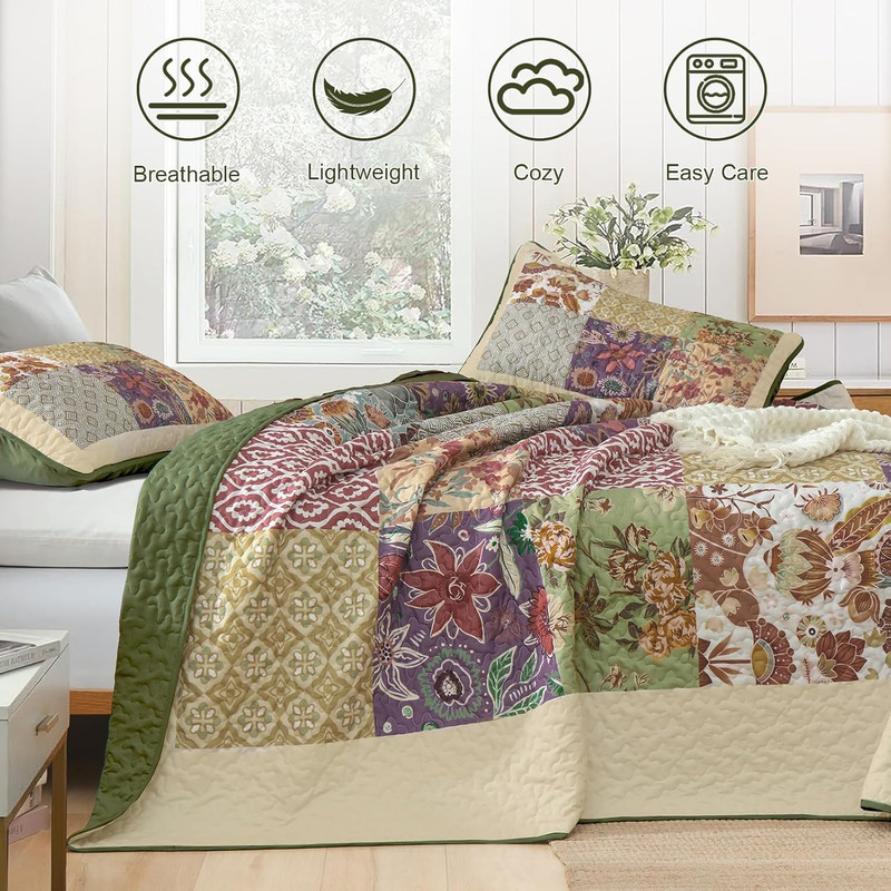 Patchwork Quilt Set King Size, Bohemian Floral Bedspread Green & Beige Coverlet gallery