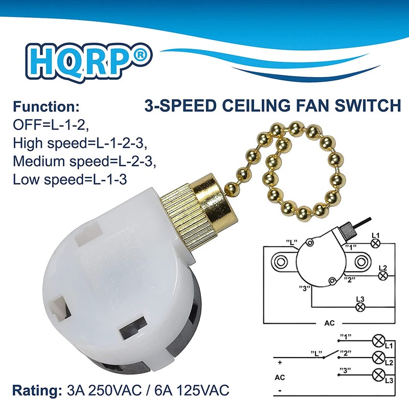 HQRP 3-Speed Ceiling Fan Switch, 4-Wire, Function L-1-2-3, L-2-3, L-1-3, L-1-2 gallery