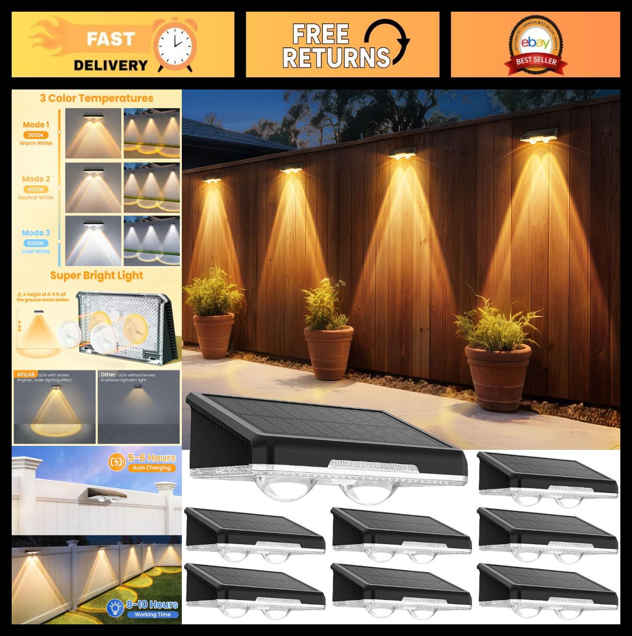 8 Pack Solar Fence Lights - 3 Modes (Warm/Neutral/Cool White), IP65 Waterproof O gallery