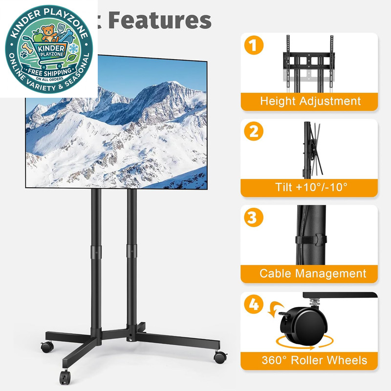 Mobile Rolling TV Stand for 32-75" TVs, Height Adjustable, Tilt, Black gallery
