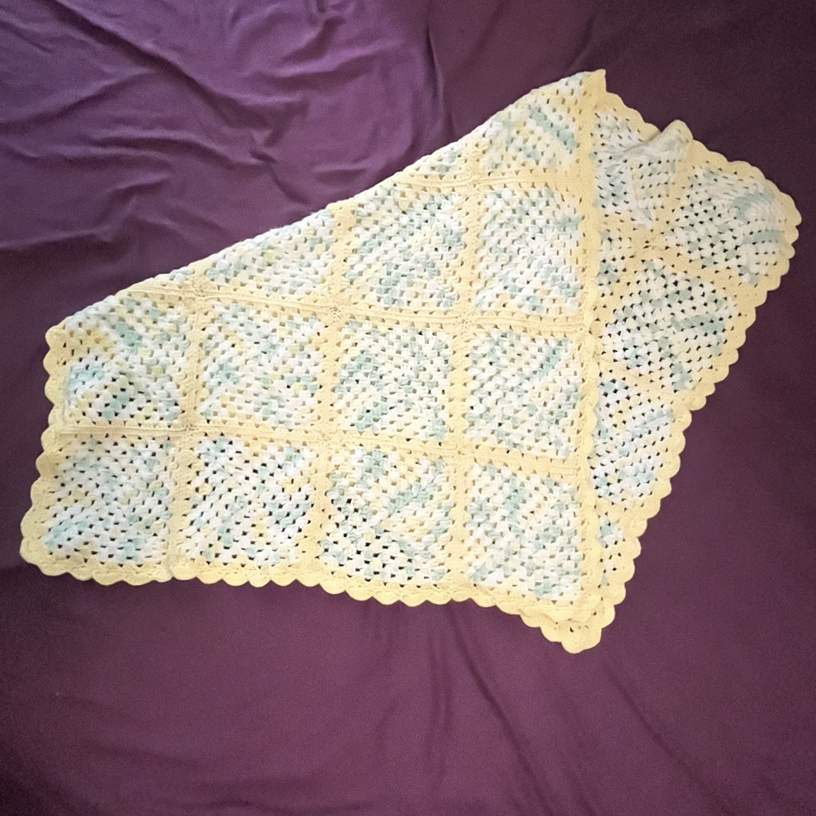 Granny Square Afghan White Yellow Green Approx 35” X 51” gallery