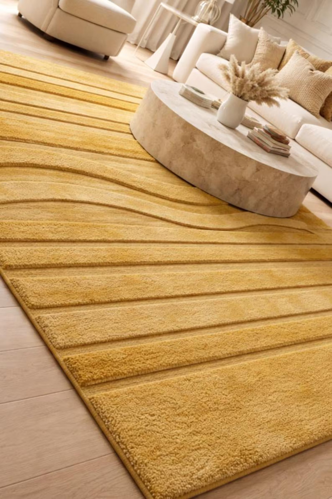 Hand Tufted Wool Area Rug, Modern Abstract Mustard Yellow High Low Pile Rug 8x10 gallery