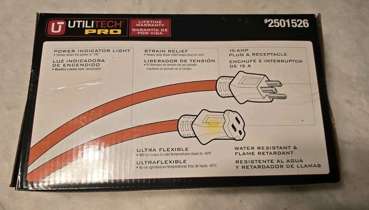 Utilitech Pro 100ft 12/3 SJTW Hi-Vis Orange Outdoor Extension Cord, Free Ship! gallery
