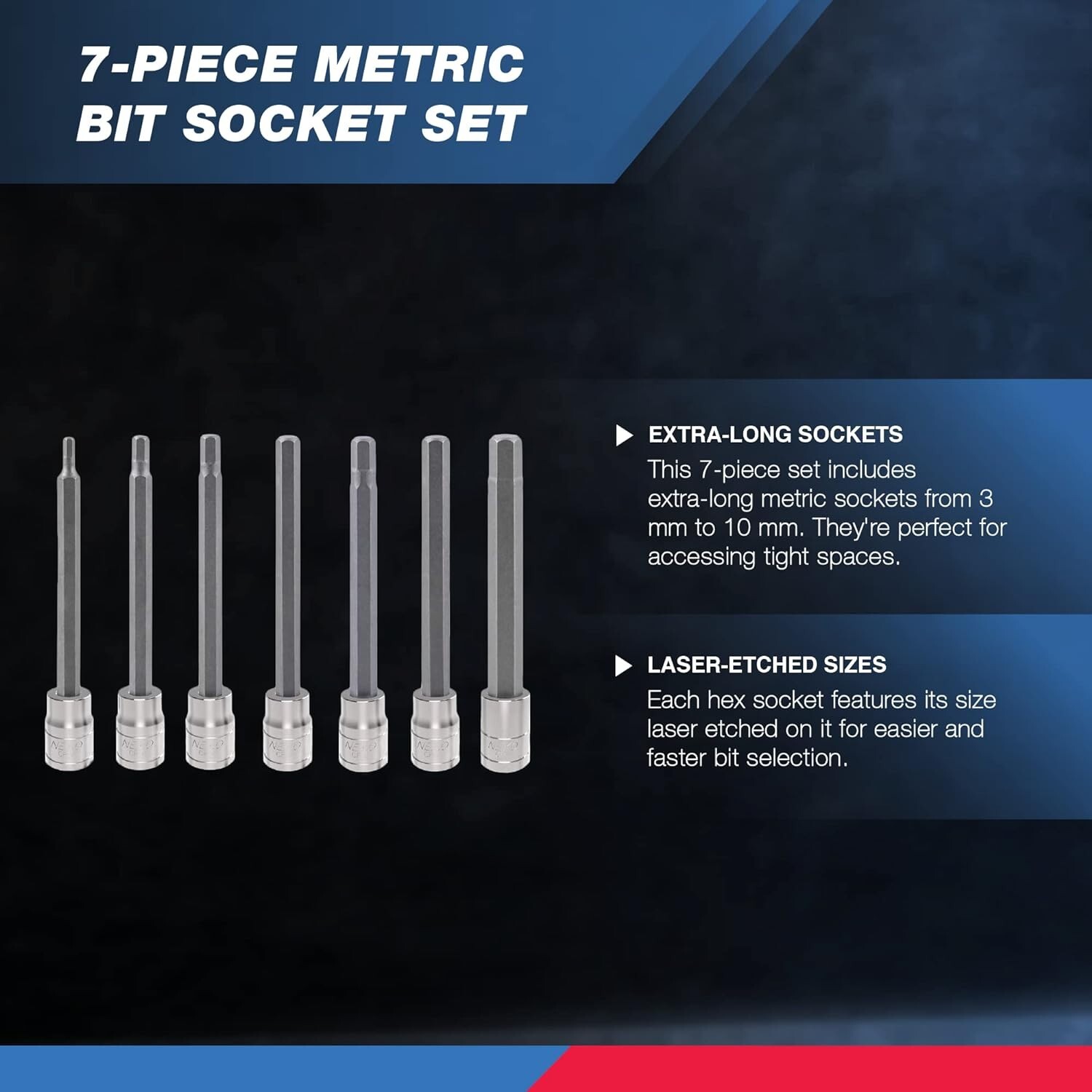 Neiko 10076A 3/8-inch Drive Extra Long Ball End Hex Bit Socket Set -Metric gallery