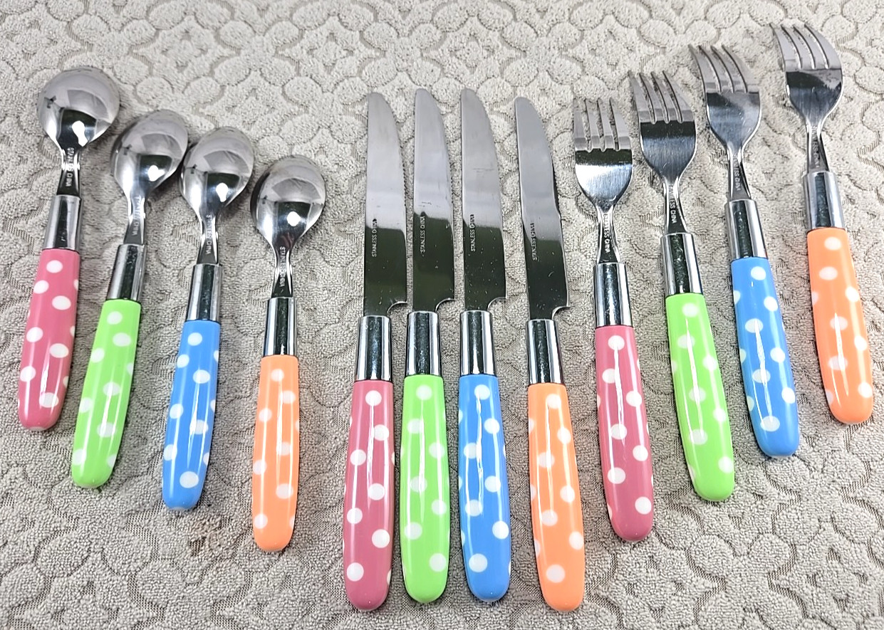 Festive Multicolor Polka Dot Stainless Steel Flatware Set for 4 – 12 Pieces​ gallery