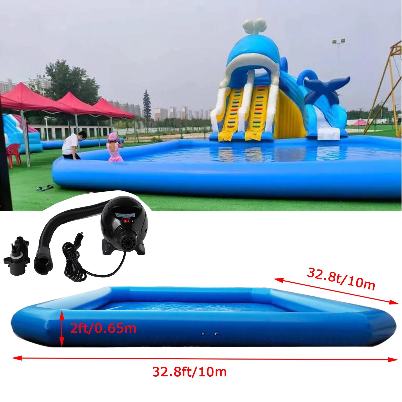 32.8×32.8×2FT Blue Inflatable Swimming Pool with 110V Blower,Thick PVC Material gallery