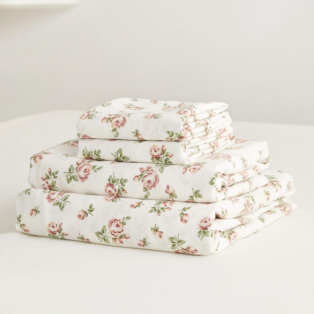 Wake In Cloud Floral Bed Sheets, 4Piece Sheet Set, Shabby Chic Flower Rose P...