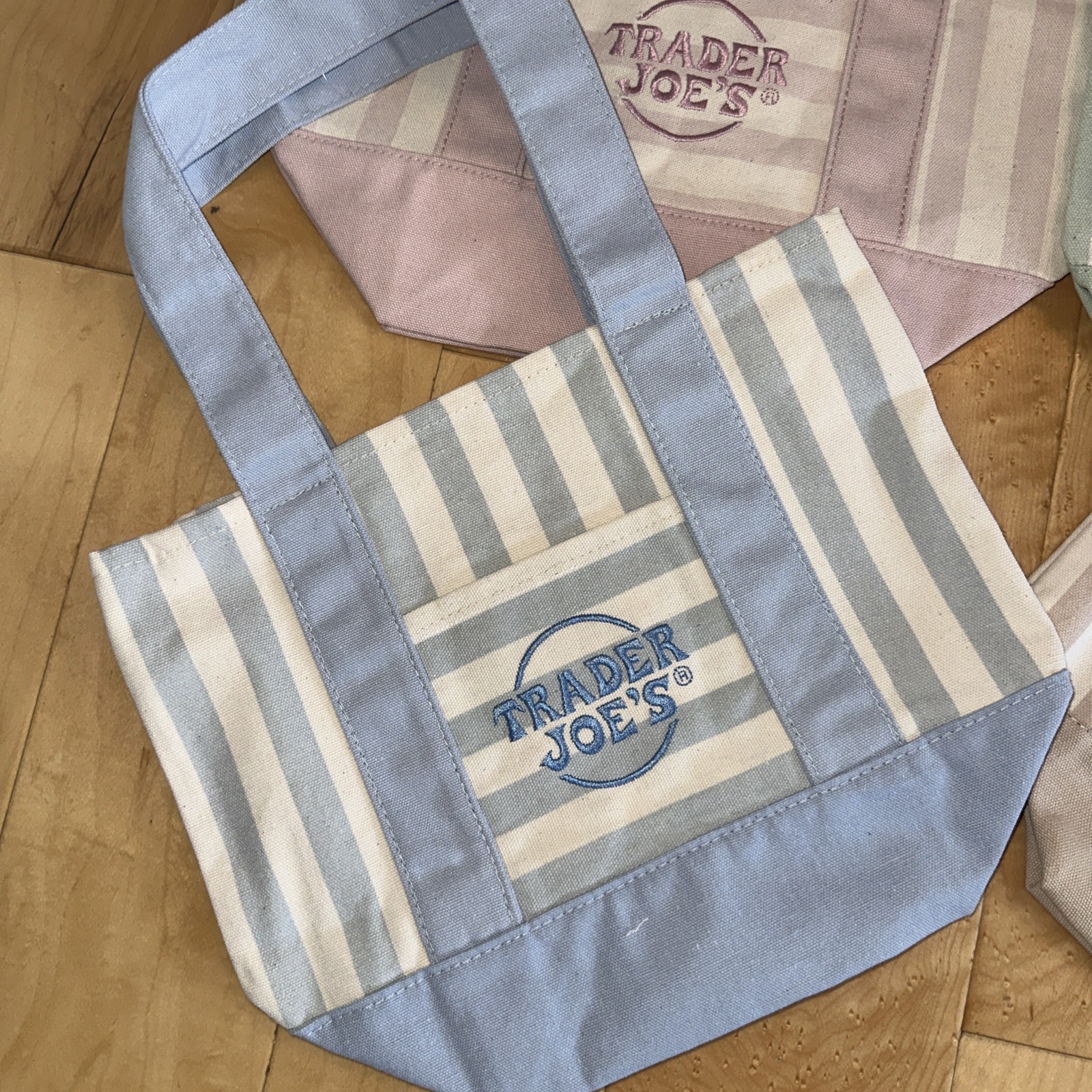 Trader Joe's Striped Mini Tote Bags, Multicolor Reusable Set/Pack of 4 gallery