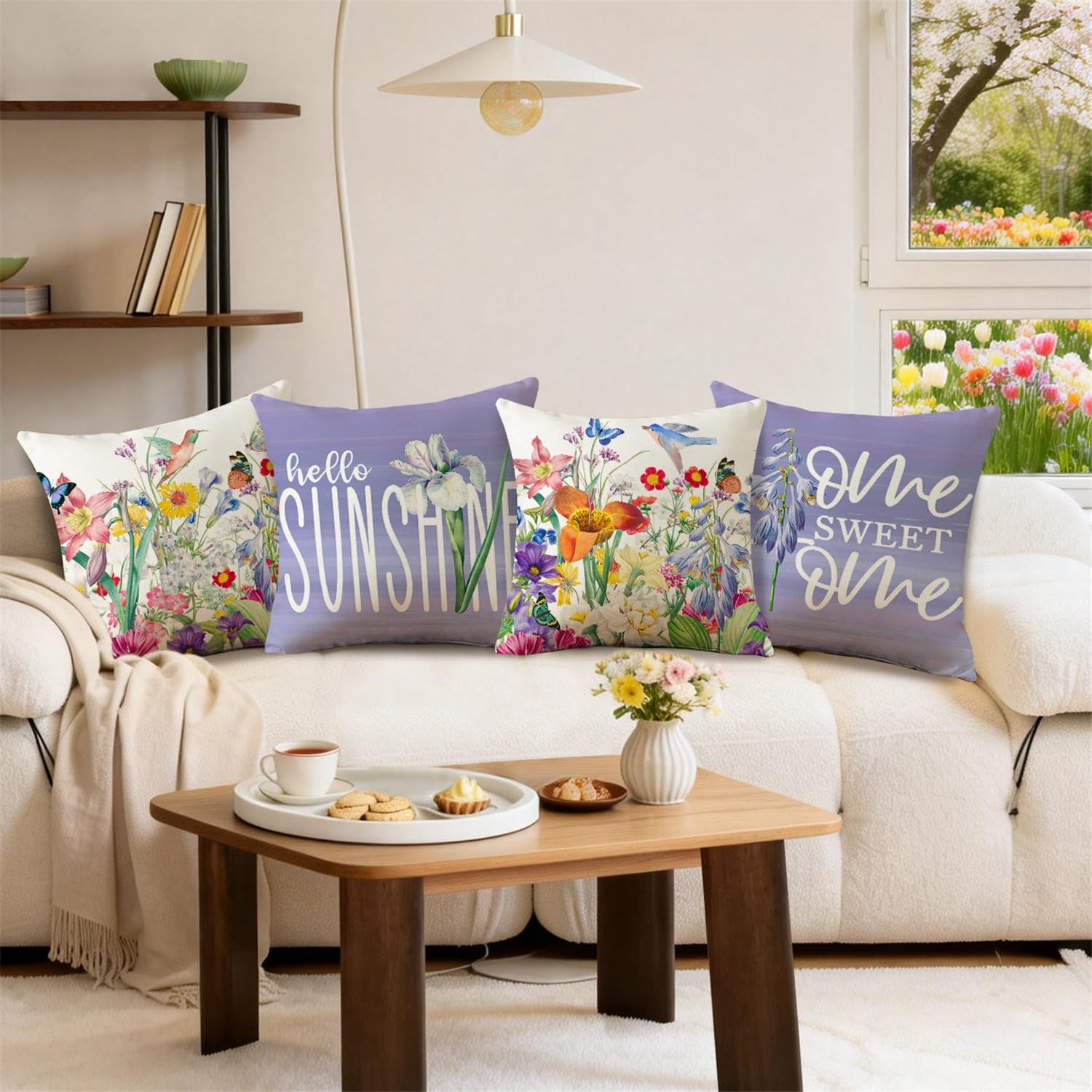 Spring Summer Bird Butterfly Floral Purple Throw Pillow Covers 18x18 Set of 4... gallery