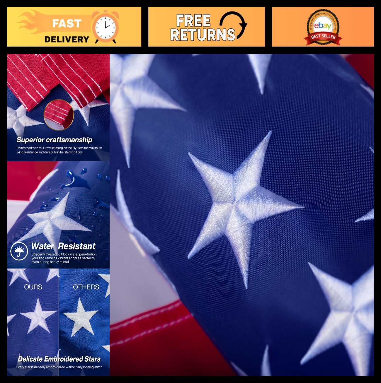 8x12 ft Heavy Duty Polyester US Flag - Embroidered Stars, Sewn Stripes, UV Prote gallery