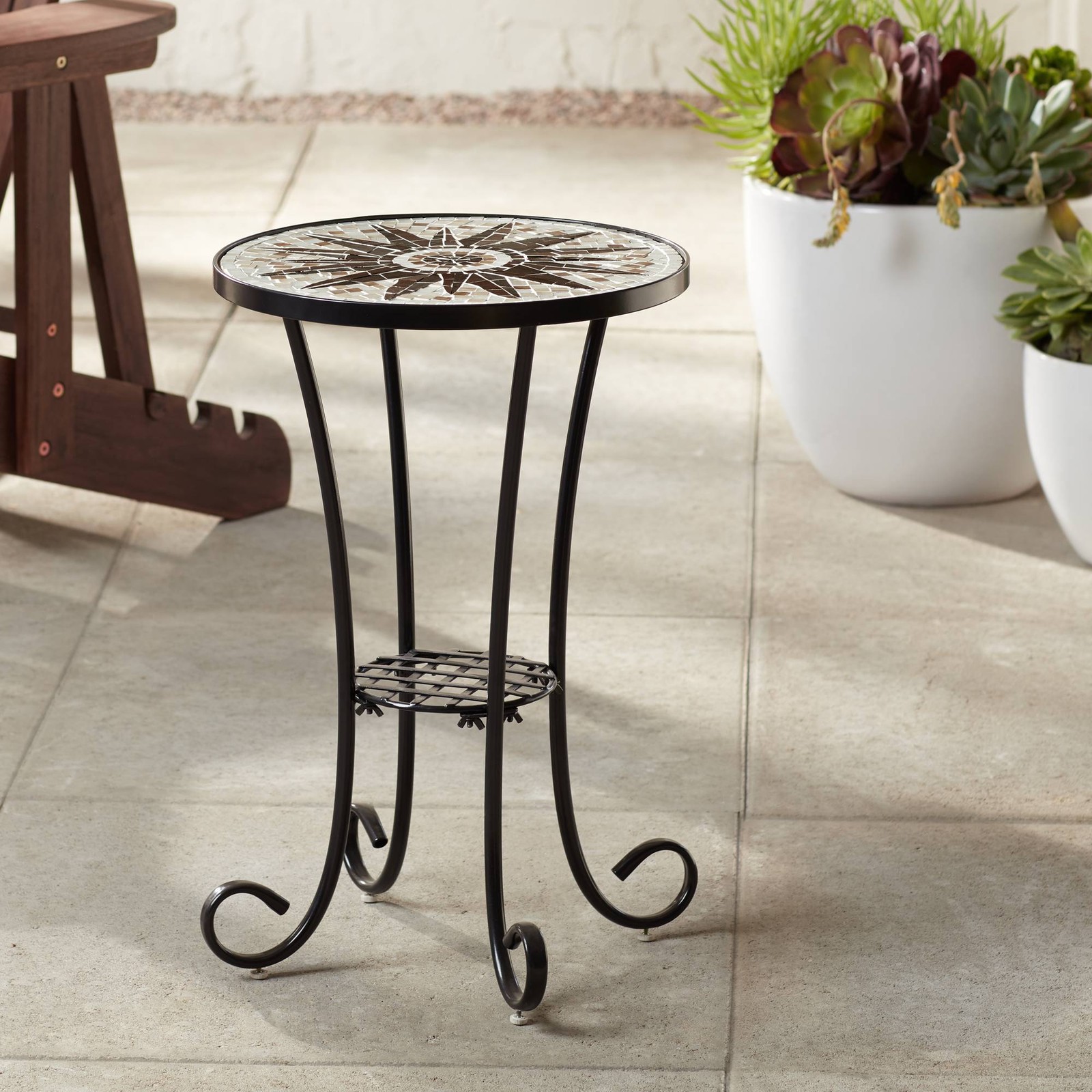 Modern Black Round Outdoor Accent Table 14" Wide Brown Sunburst Mosaic for Porch gallery