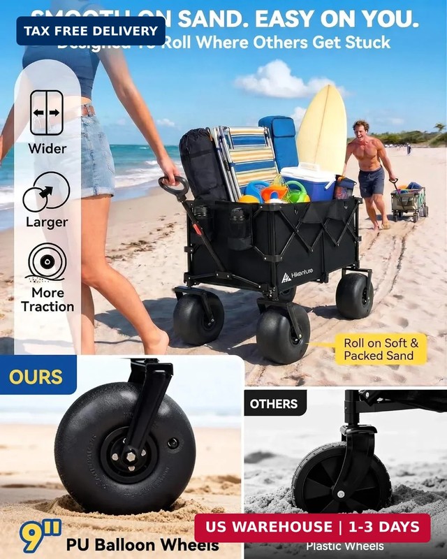 Hikenture Beach Wagon with Balloon Wheels, 9" PU Tires Collapsible Wagon, 440lbs gallery