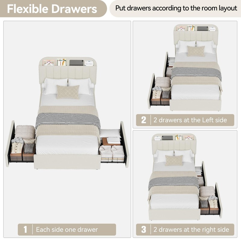 Twin Bed Frame Modern Headboard Boucle Upholstered Platform Bed with 2 Drawers gallery