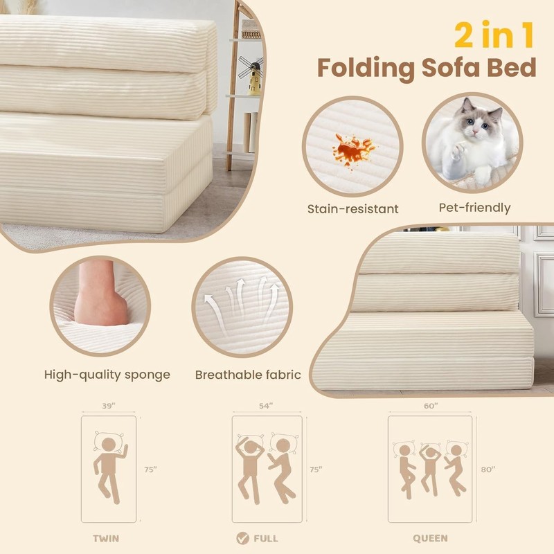 Folding Sofa Bed Convertible Sleeper Chair w/ Pilow Matress 2 in 1 Pull Out gallery