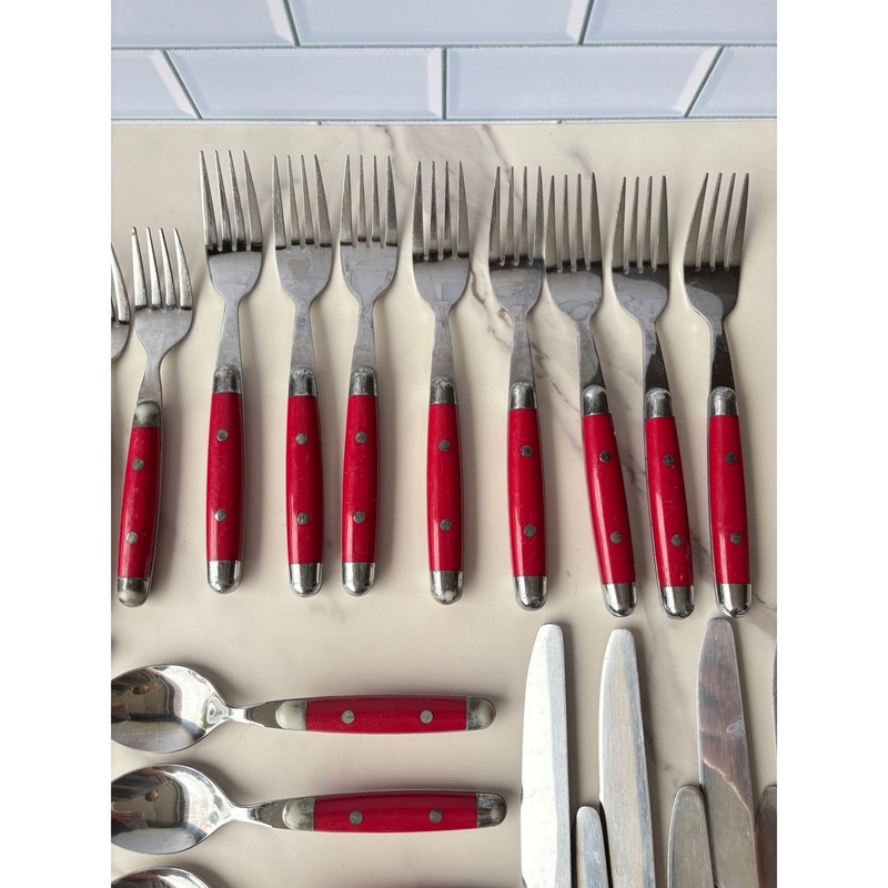 Vintage Red Riveted Flatware Set 40 Pieces Mixed Forks Spoons Knives Farmhouse gallery