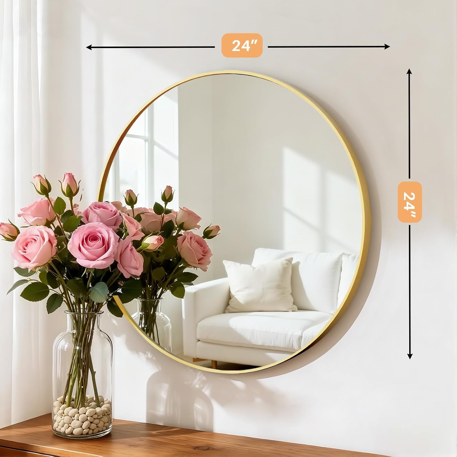 24 Inch Round Wall Mirror Bathroom Gold Metal Frame Circle Matte Framed gallery