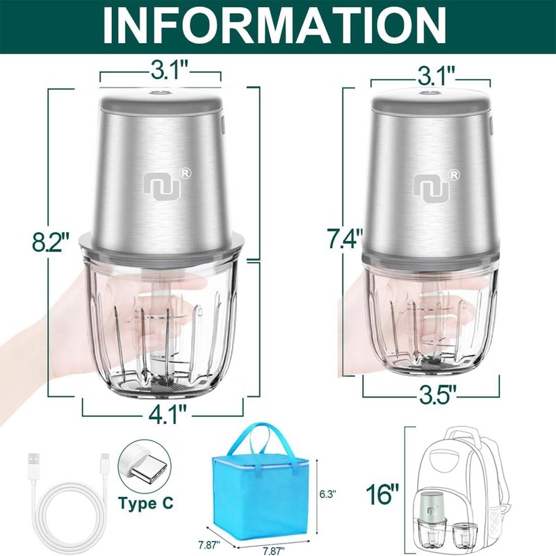 Rechargeable Cordless Food Processor & Chopper – 2 Glass Bowls (300ml & 600ml... gallery