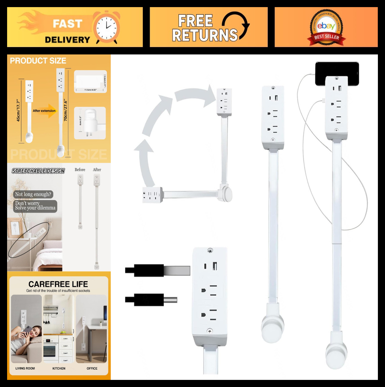 Rotating Outlet Extender with USB-A, USB-C & 2 AC Outlets - 180° Swivel, 1pc gallery
