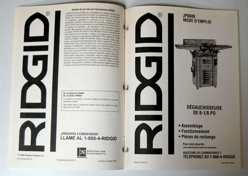 Ridgid JP0600 Jointer Juntera Degauchisseuse User Manual Spanish & French gallery