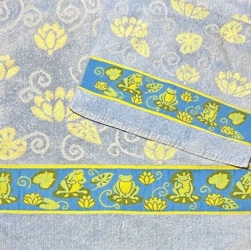 Vintage Frog Towel Set 2 Bath Hand Towel Blue White Green 100% Cotton CUTE gallery