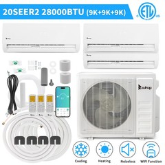 3 Zone 28000 BTU AC Ductless Mini Split Air Conditioner Inverter Heat Pump 9+9+9