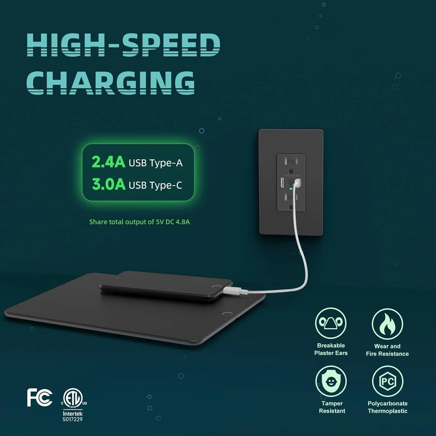 USB Wall Outlet, 4.8A USB Charger Receptacle with Type a & Type C Ports, 15 Amp gallery