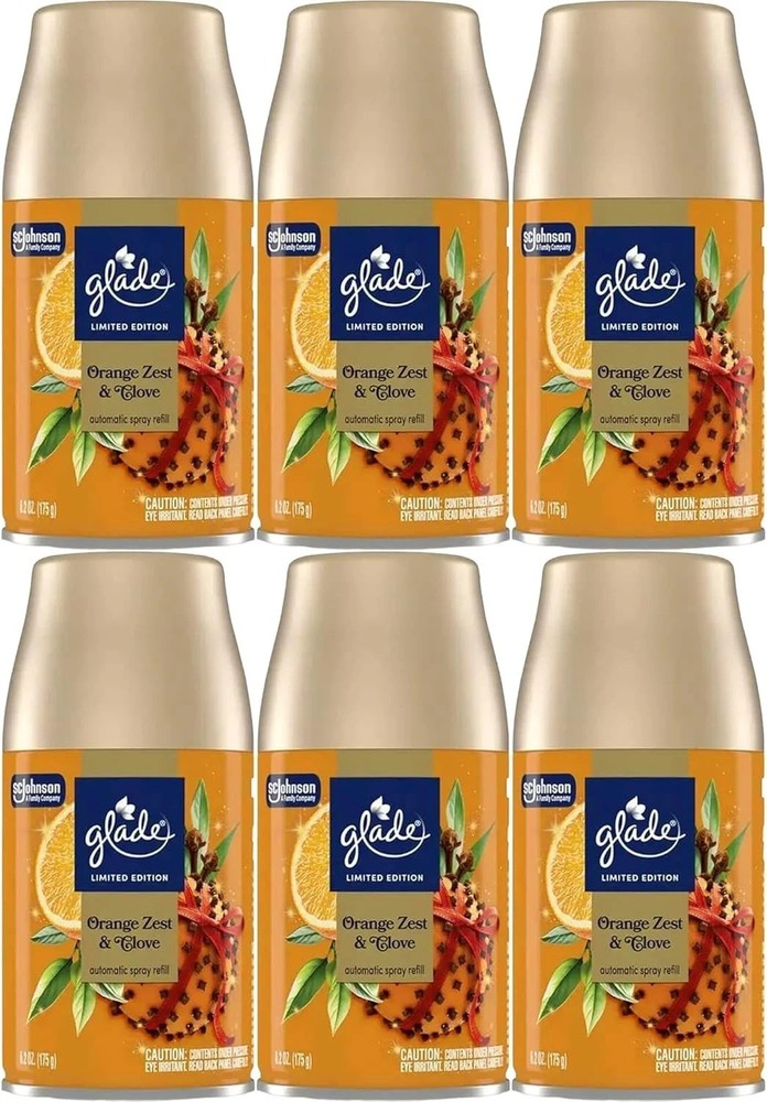 6 NEW Glade Automatic Spray Refill 6.2oz , Orange Zest & Clove Scent Limited Ed