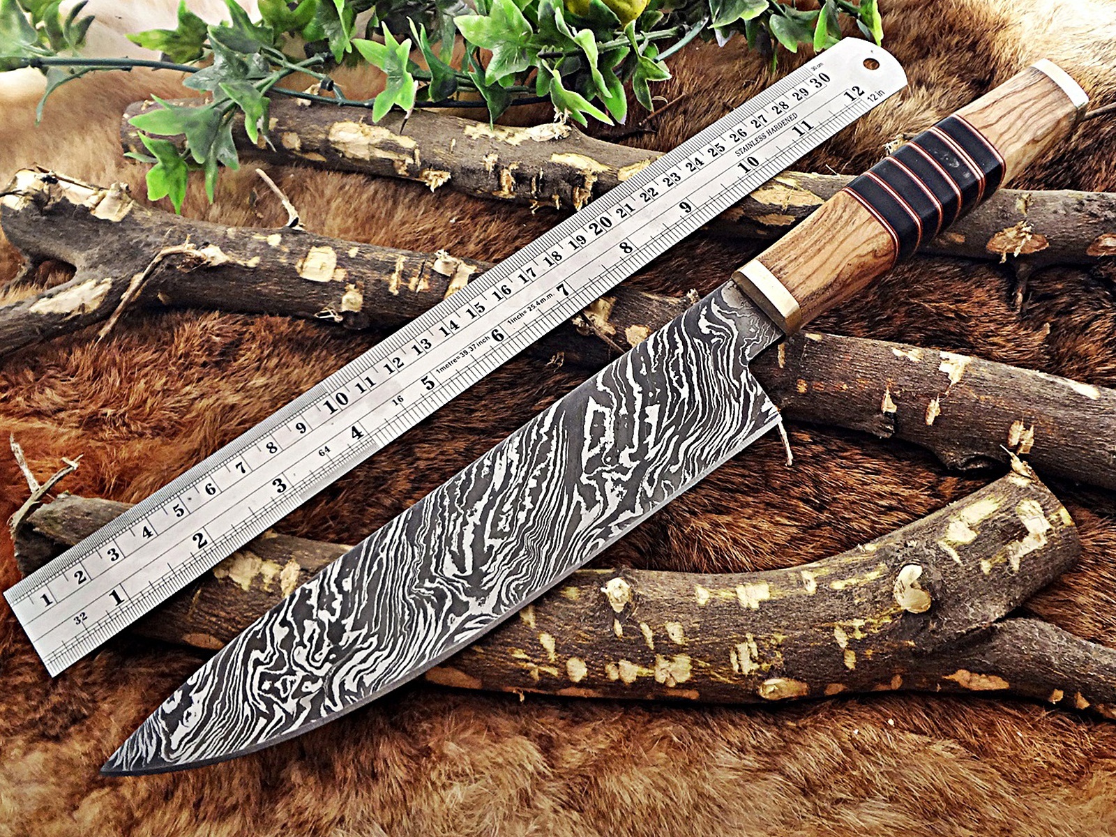 14 Inches long custom made Damascus steel chef Knife 9" full tang blade Kow wood gallery