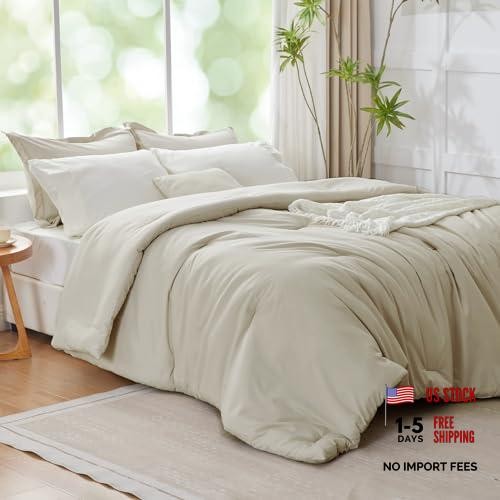 Beige Comforter Set Bedding Set, 7 Pieces Soft Bed in a Queen 02 Linen Beige