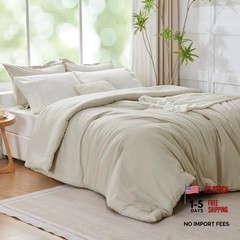 Beige Comforter Set Bedding Set, 7 Pieces Soft Bed in a Queen 02 Linen Beige