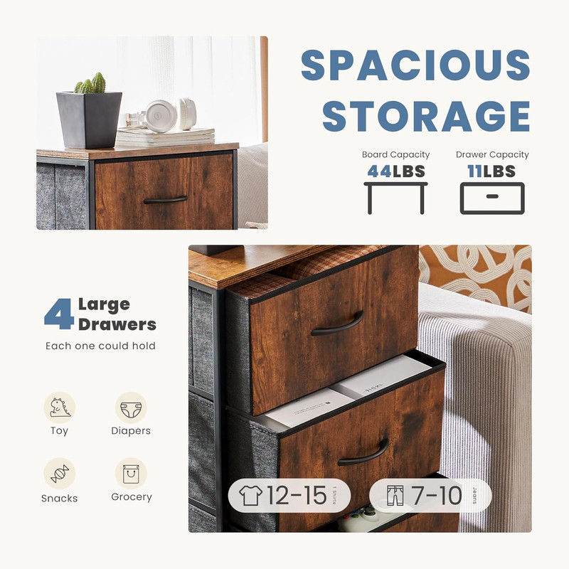 Nightstand with 4 Drawers Bedside Table with Removable Fabric Bins Sturdy Steel gallery