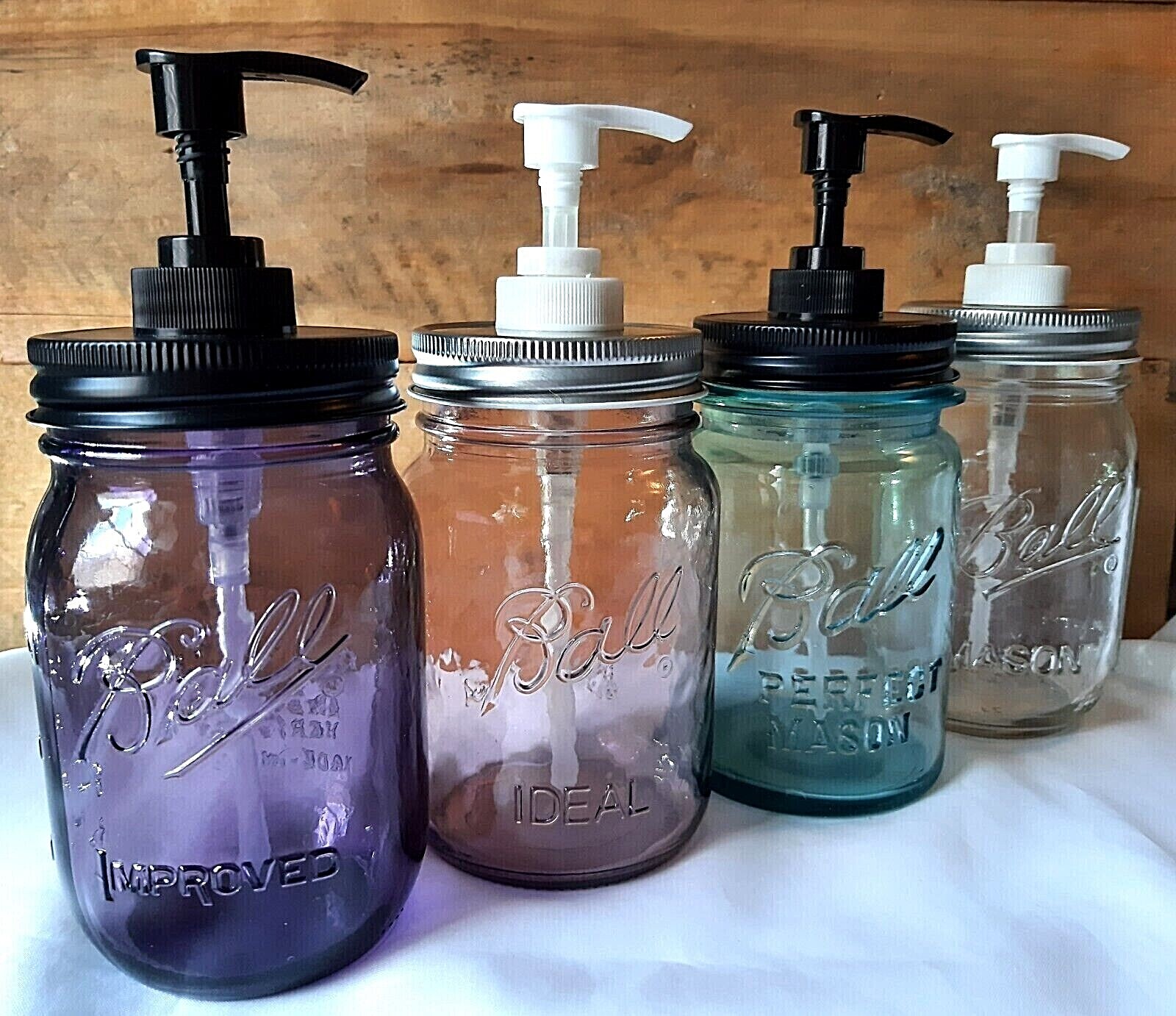 Mason Jar SOAP & LOTION PUMP DISPENSER Glass Purple Blue GIFT BALL Country gallery