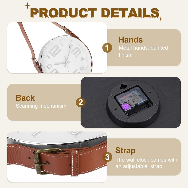 Industrial Wall Clock with Leather Strap 12" Large Numerals Style Silver/Brown gallery