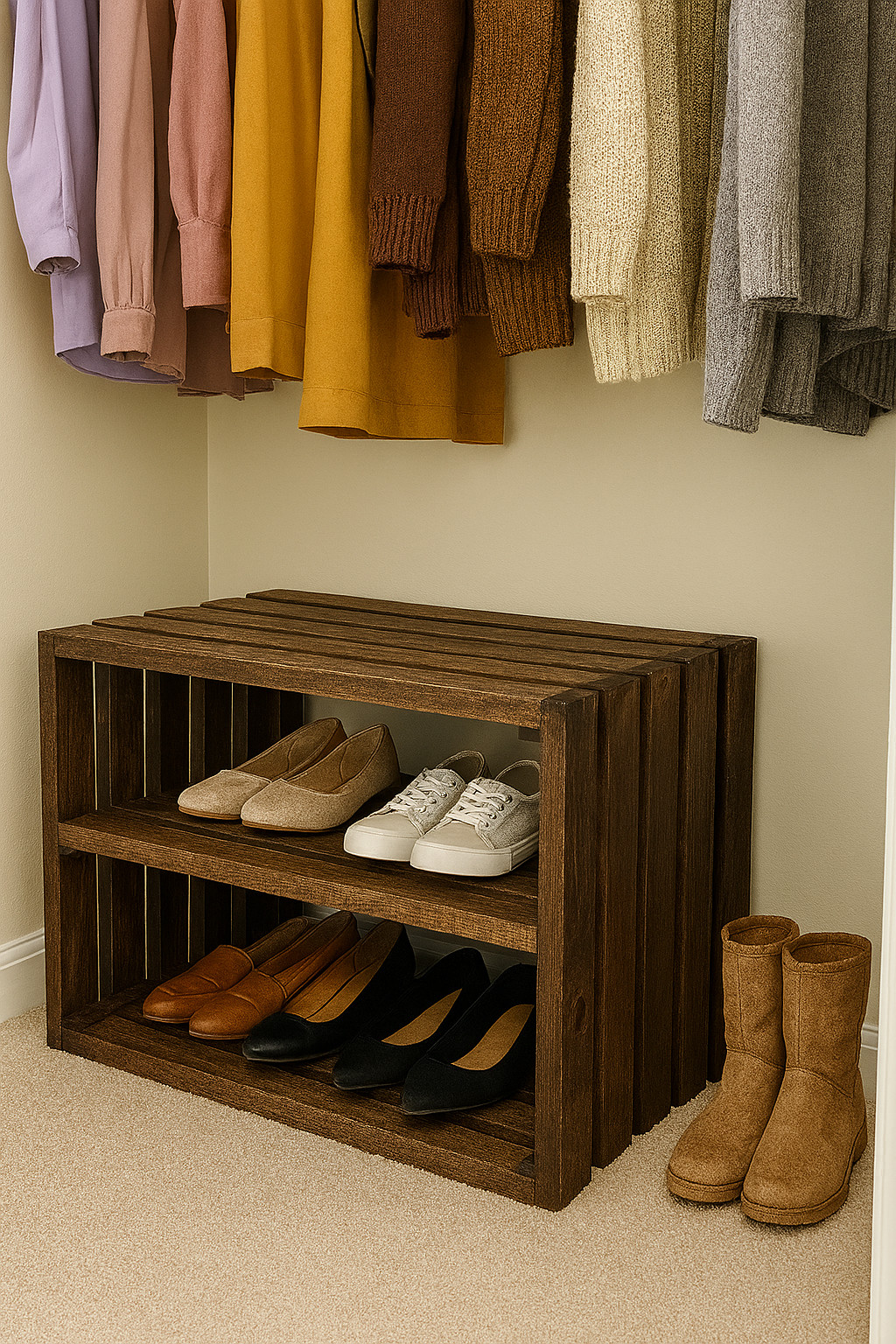 Rustic Wooden Shoe Rack Bench – 2-Tier Entryway Organizer in Dark Walnut – 28" gallery