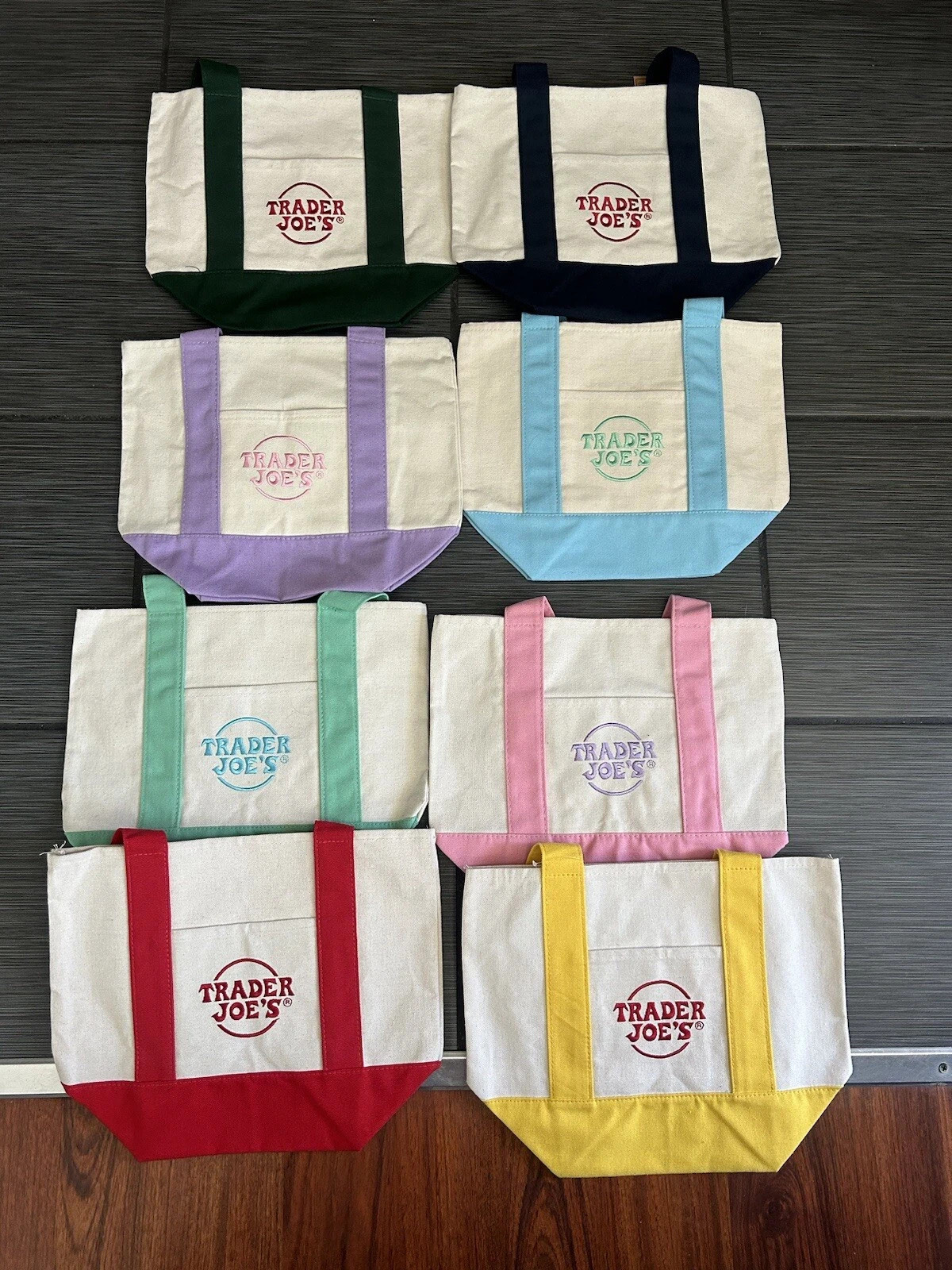Trader Joe's Mini Canvas Reusable Tote bags, SET of all 8, Basic and Pastel, NWT gallery